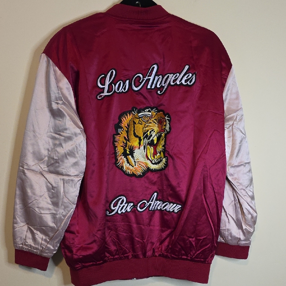 Pink SatinBomber Jacket with Embroidered Floral On Front And Tiger On Back.